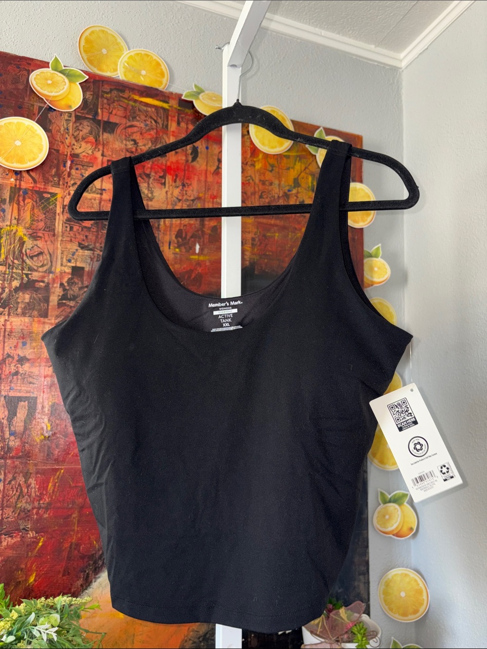 NWT Member's Mark Black Crop Tank Top - Complete With Padded Shelf Bra XXL